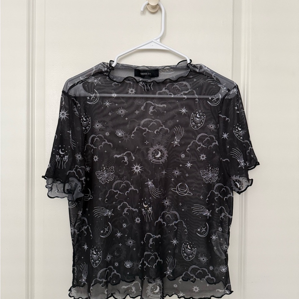 Forever 21 Black Sheer Mesh Celestial Tee Short Sleeve